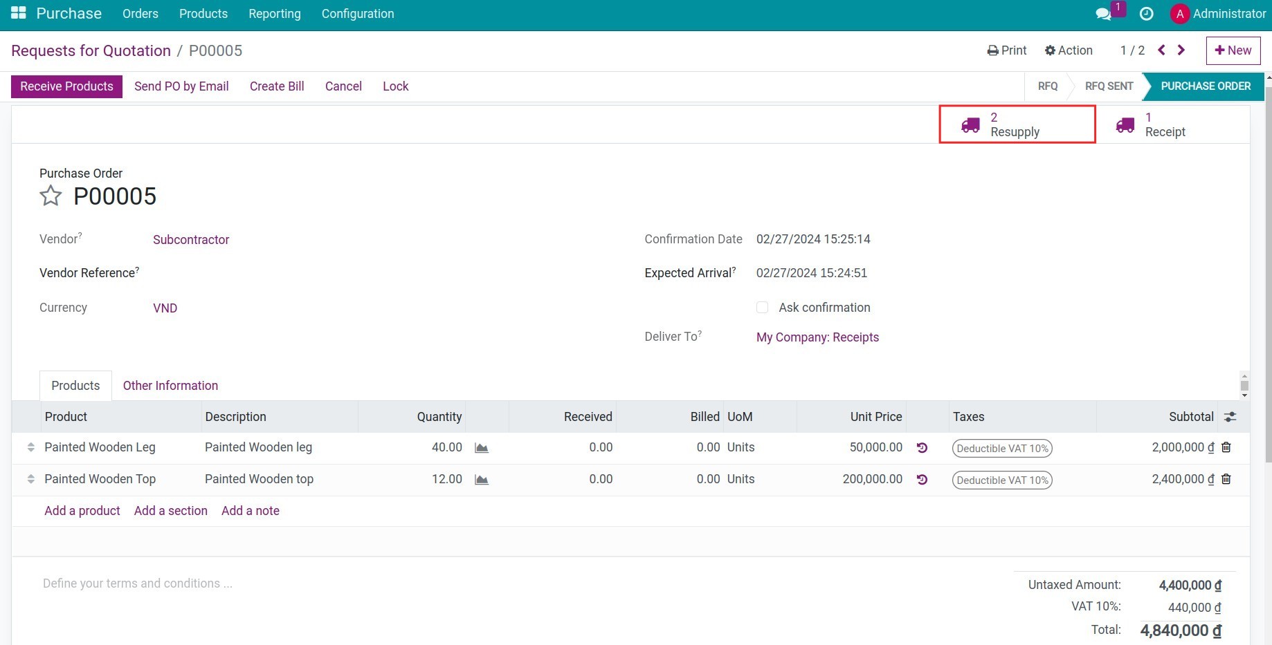 Entering the PO information for the subcontracting product