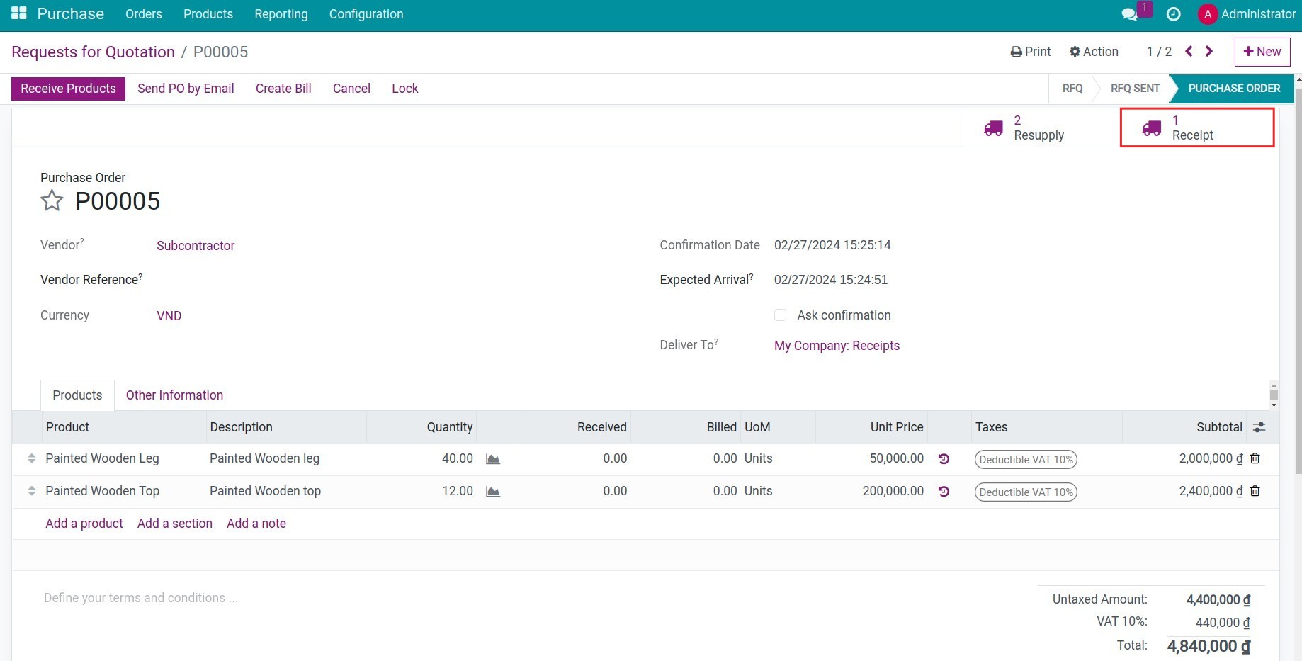 Entering the PO information for the subcontracting product
