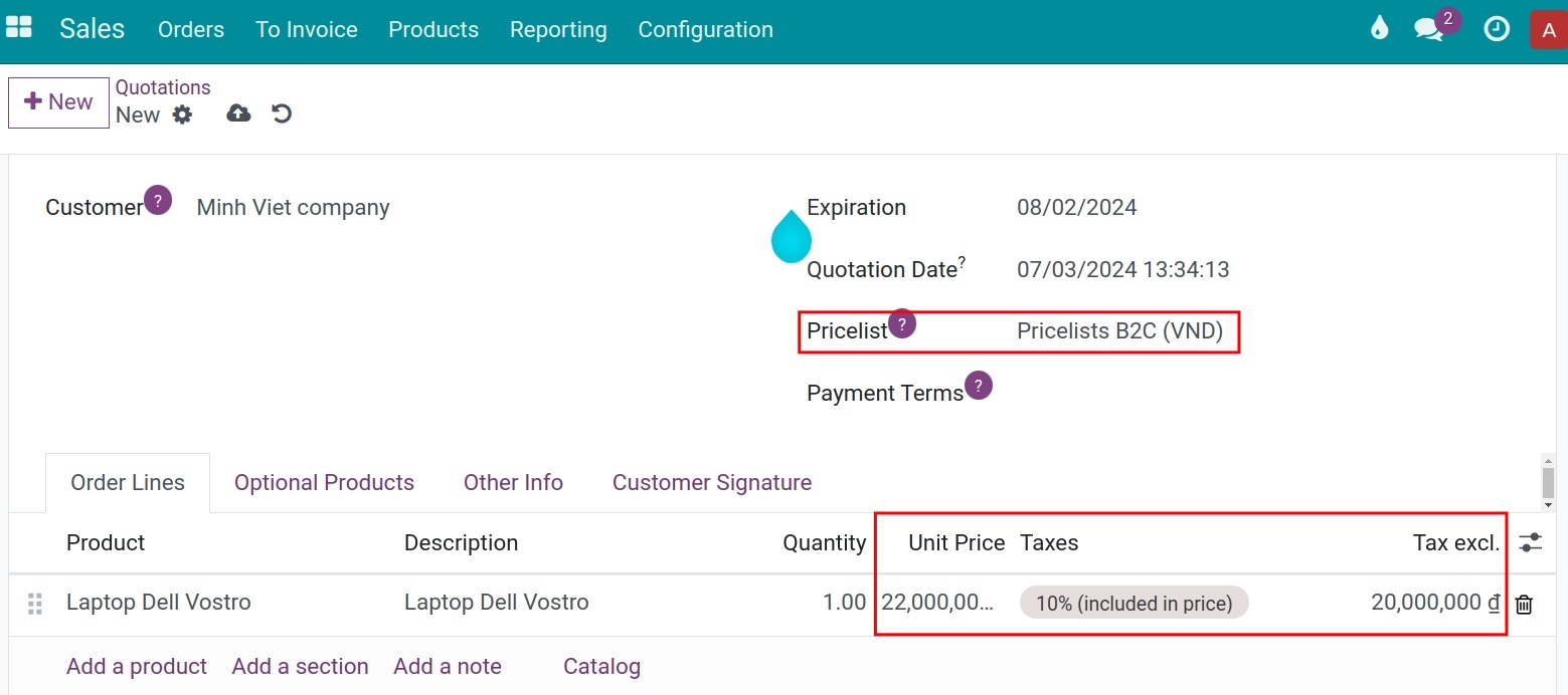 Sales order with price including tax - Viindoo Accounting