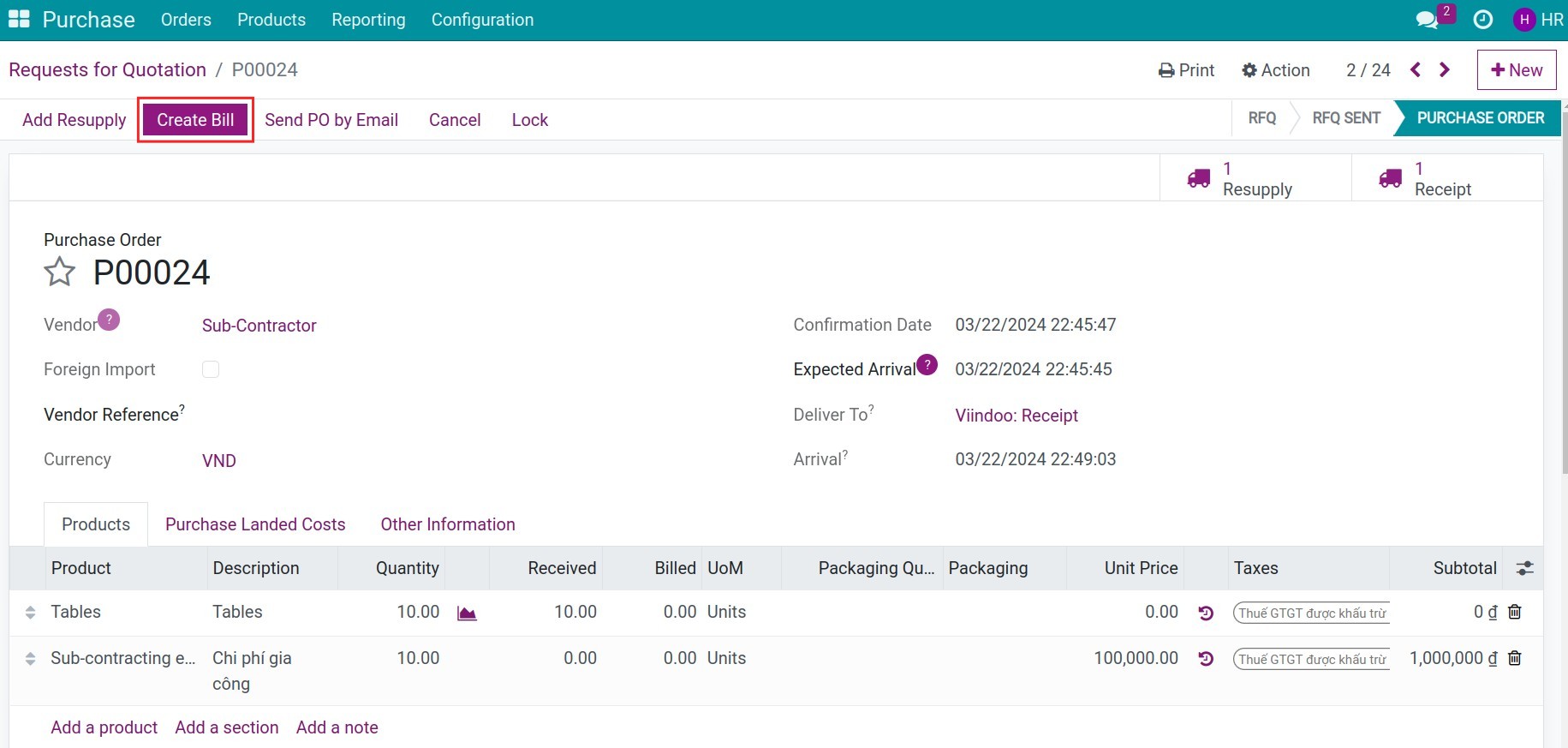 Create a bill of sub-contracting expenses