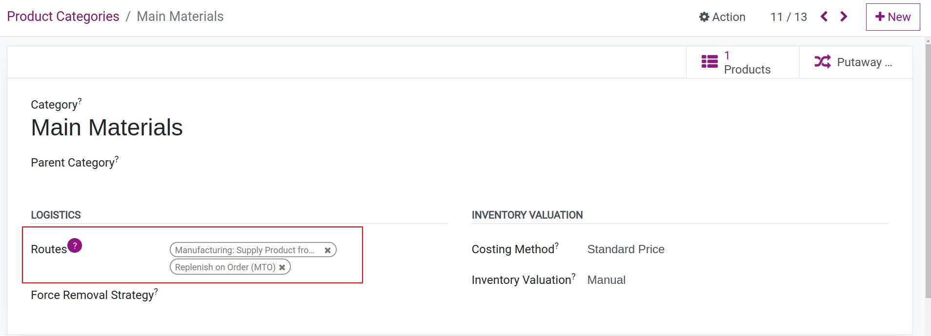 Main Material Category Setting