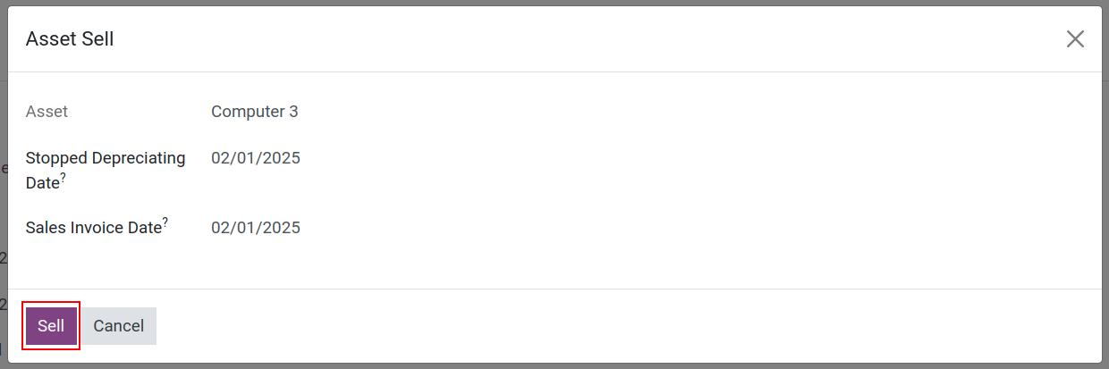 Asset Sell input data view on Viindoo