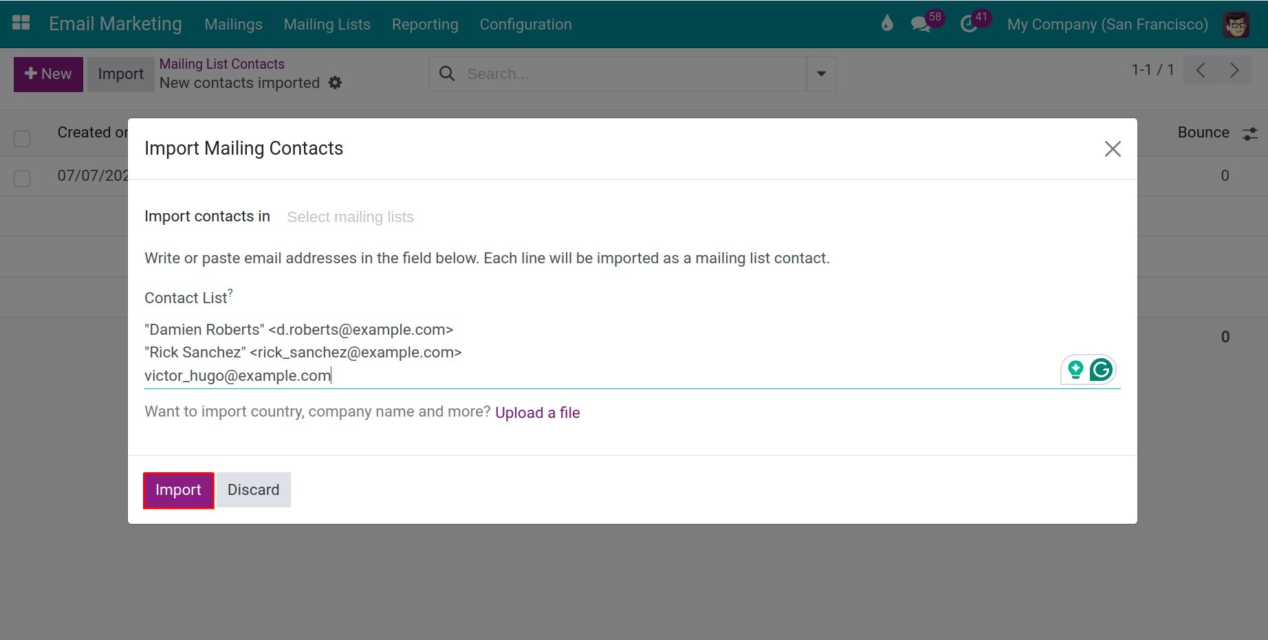 Import mailing contacts popup