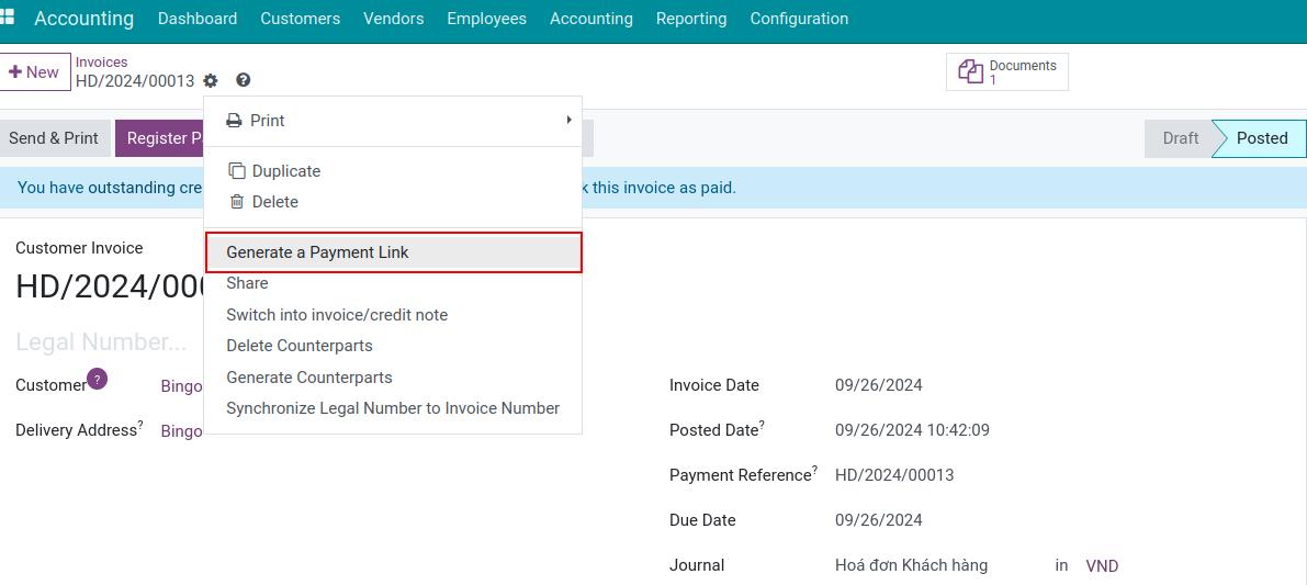 Generate an online payment link - Viindoo Accounting app