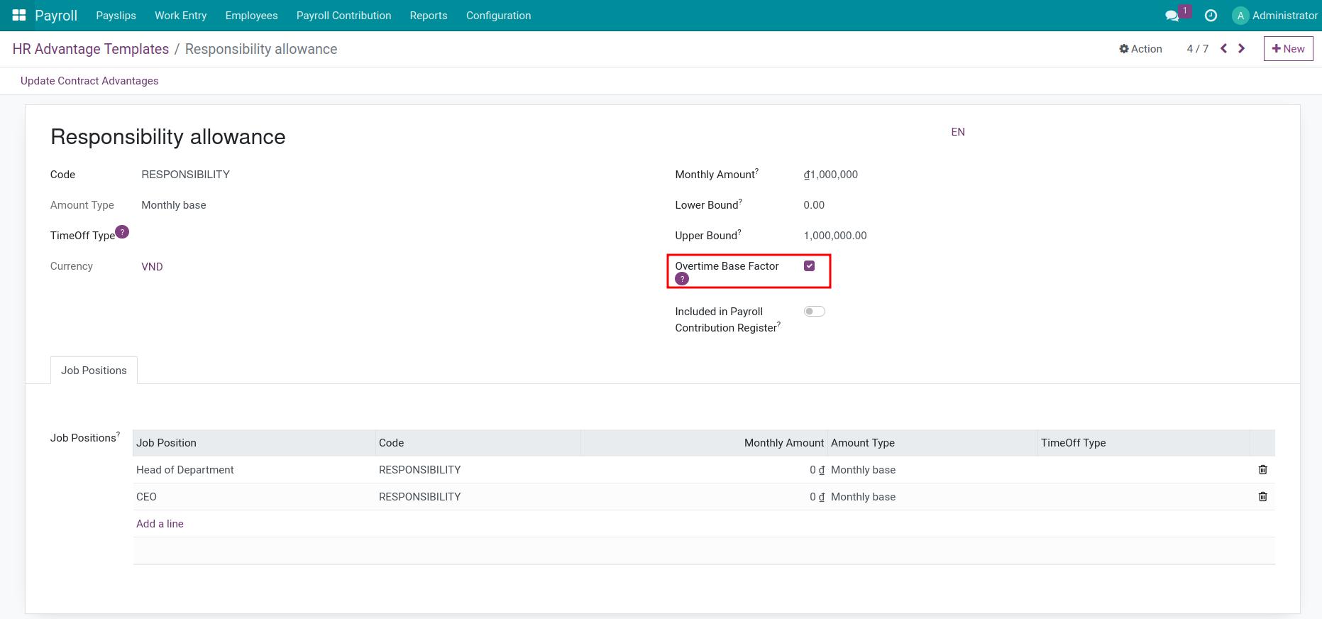 Configure the HR Advantage Templates as overtime base factor