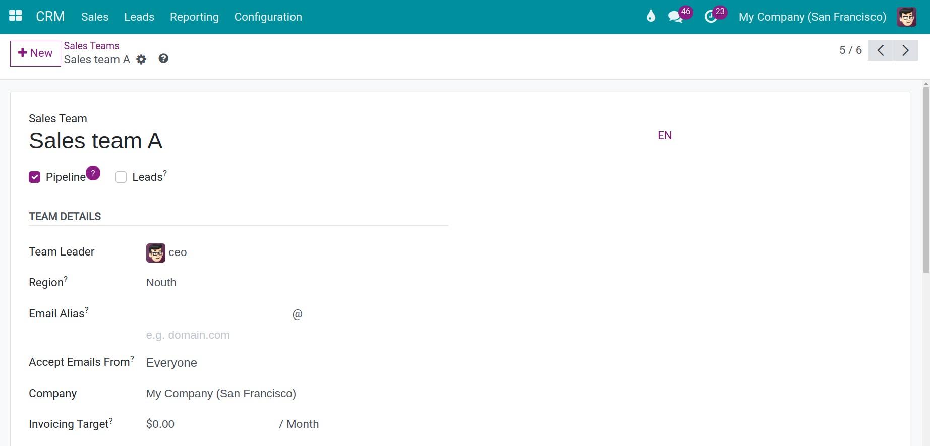CRM Sales Teams detailed information in Viindoo