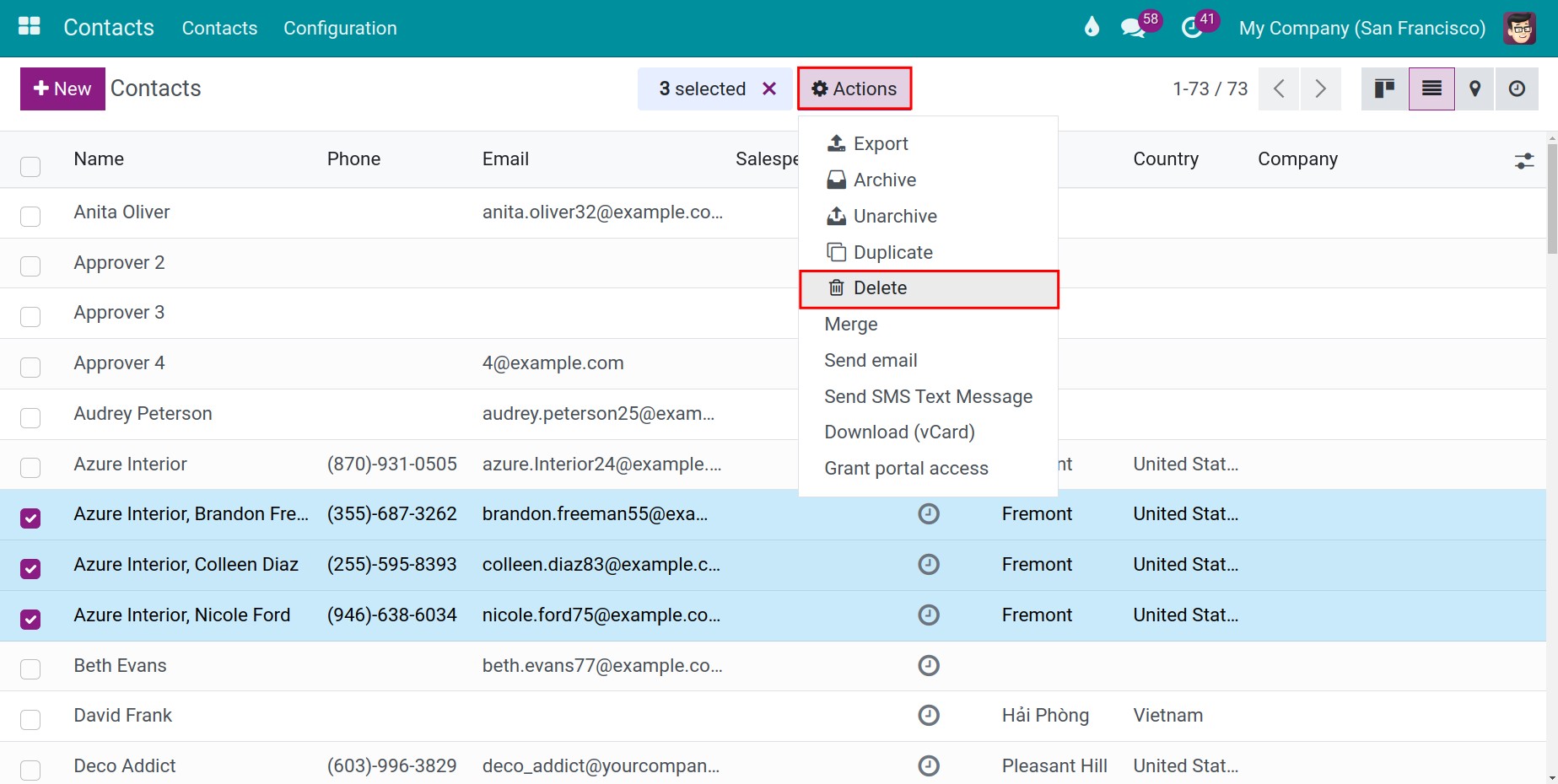 select contacts to delete