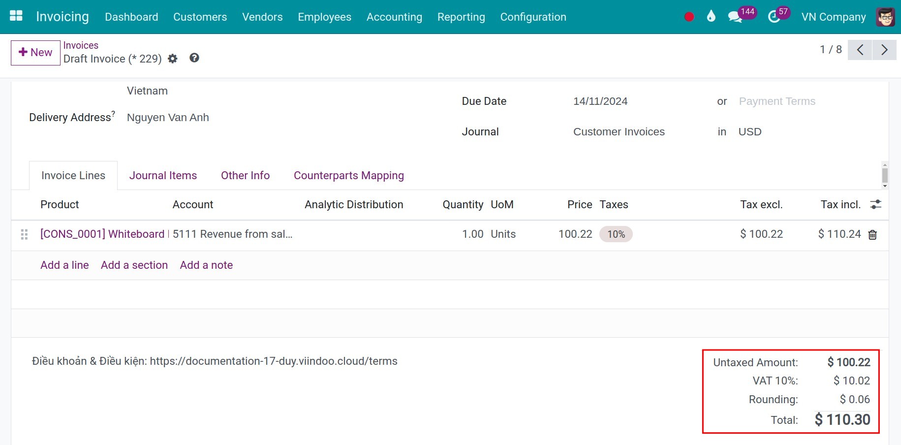 the invoice applied rounding rule - Viindoo Accounting