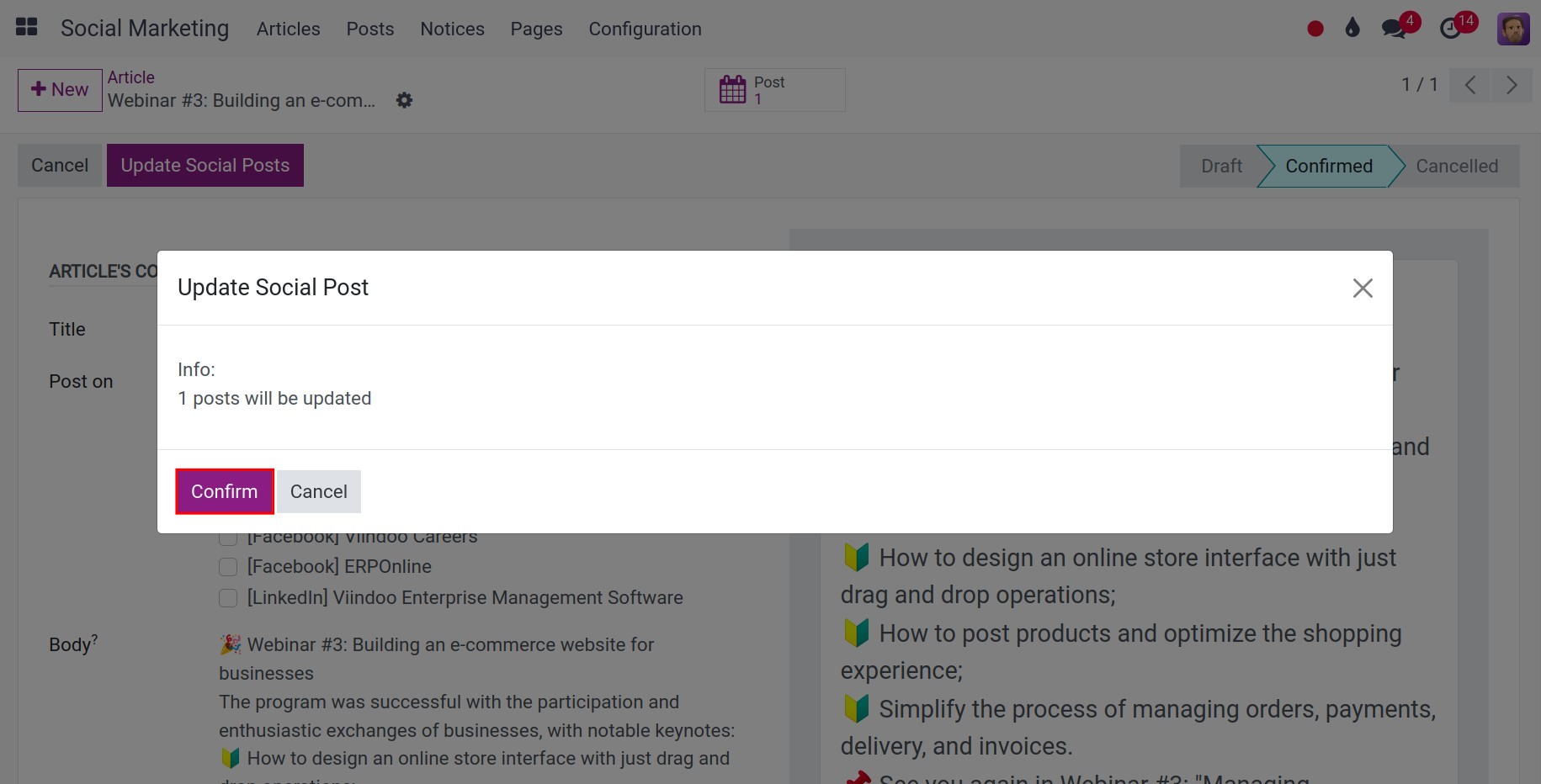 Confirm update social posts Viindoo Social Marketing app