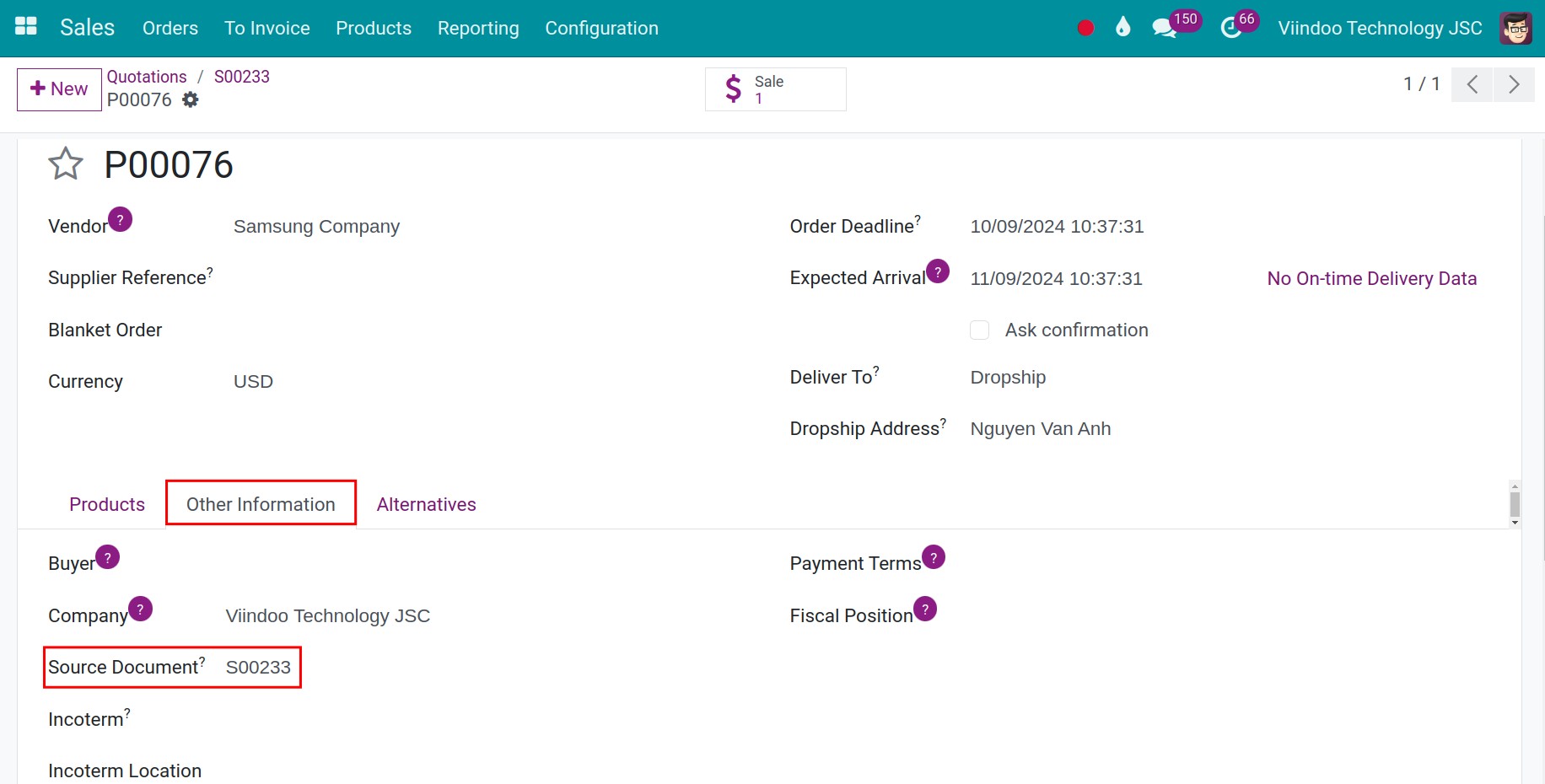 Access the request for quotation in Purchase 2