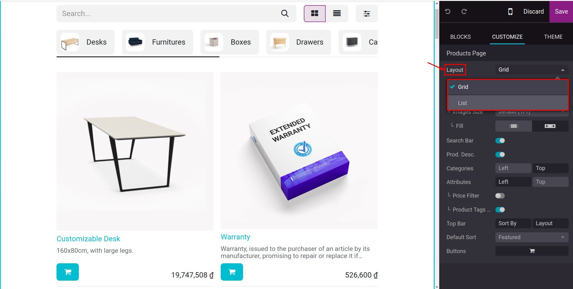 Grid or List button feature