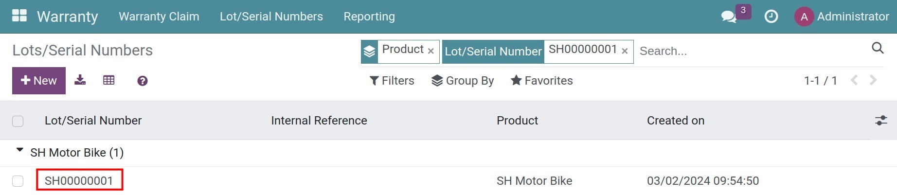 Select the lot/serial number found from the search