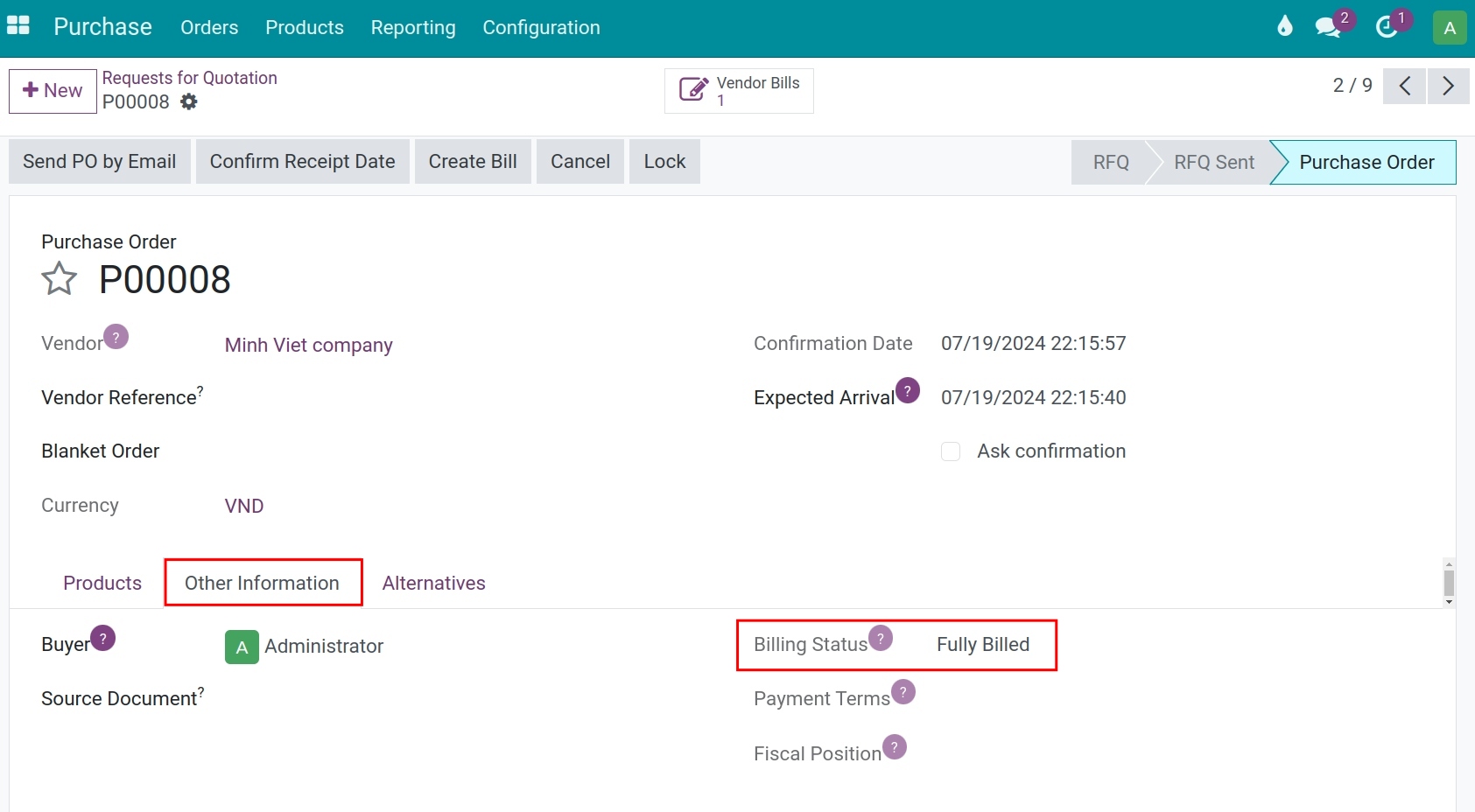 Track billing status in Viindoo Purchase order