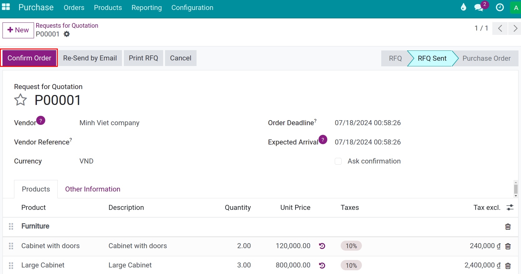 Purchase order confirmation Purchase app ERP Viindoo