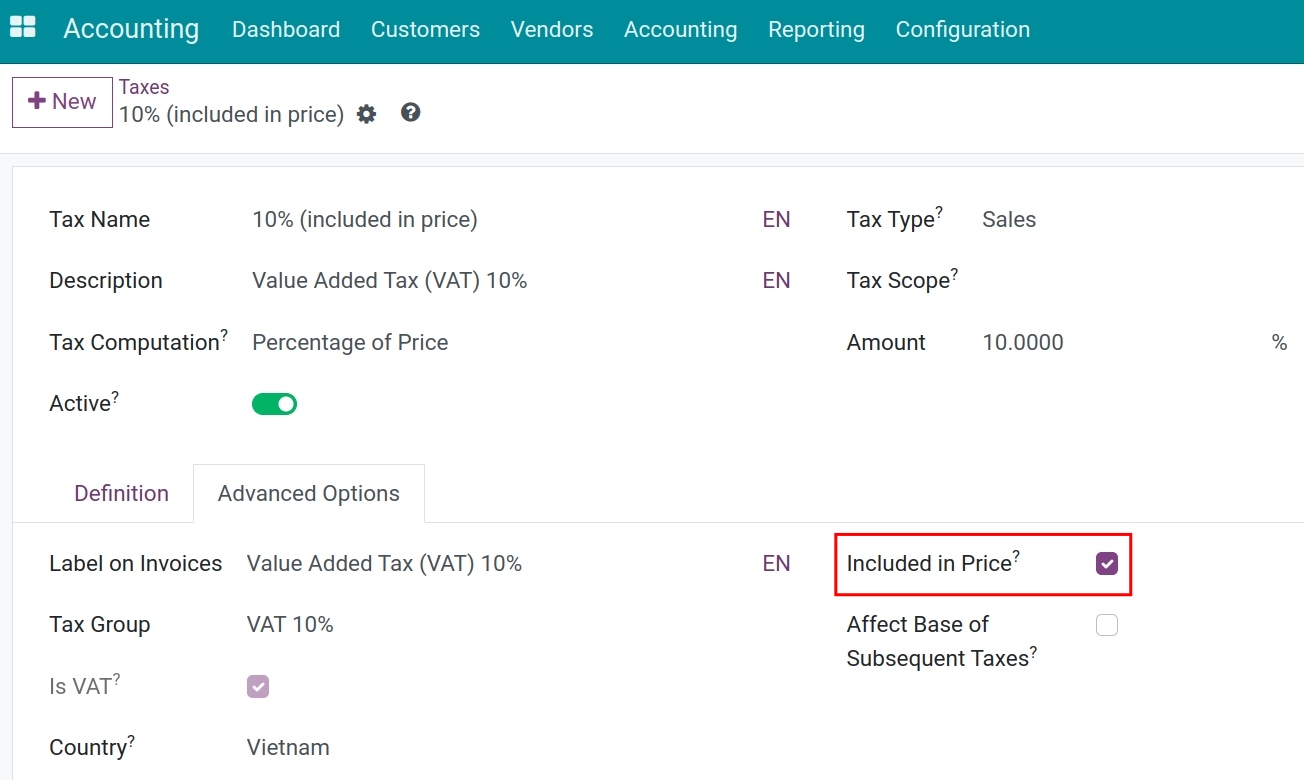 Configuration Tax included in price - Viindoo Accounting