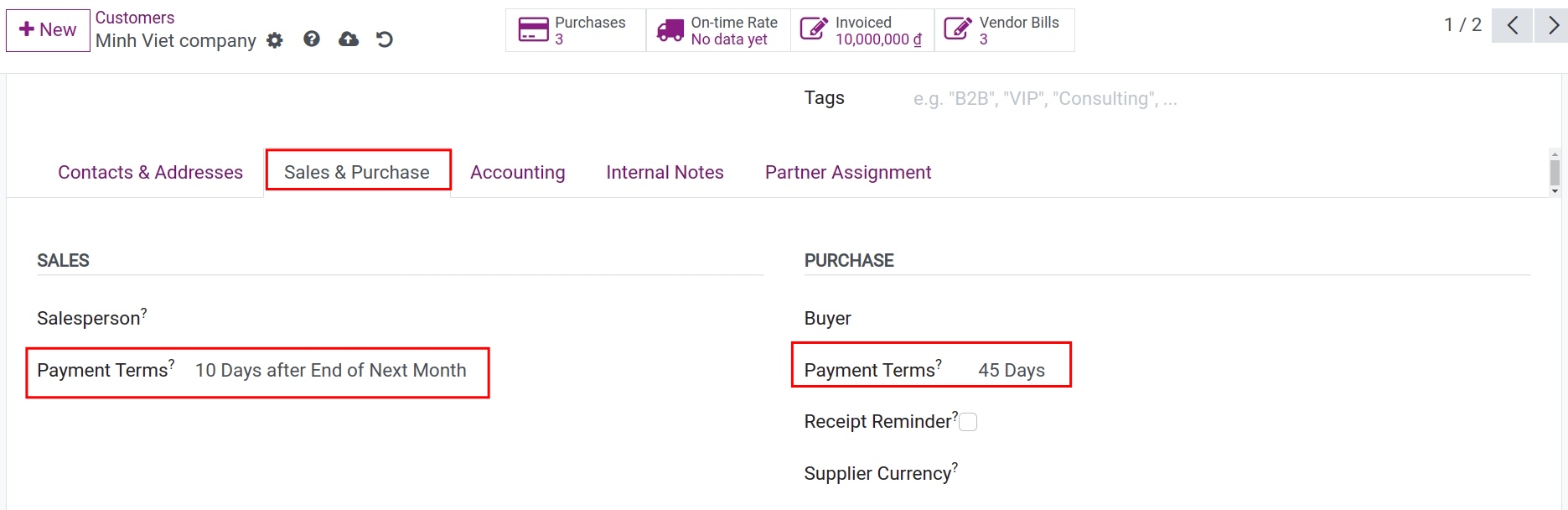 Apply paymen term on partner's Contact - Viindoo Accounting