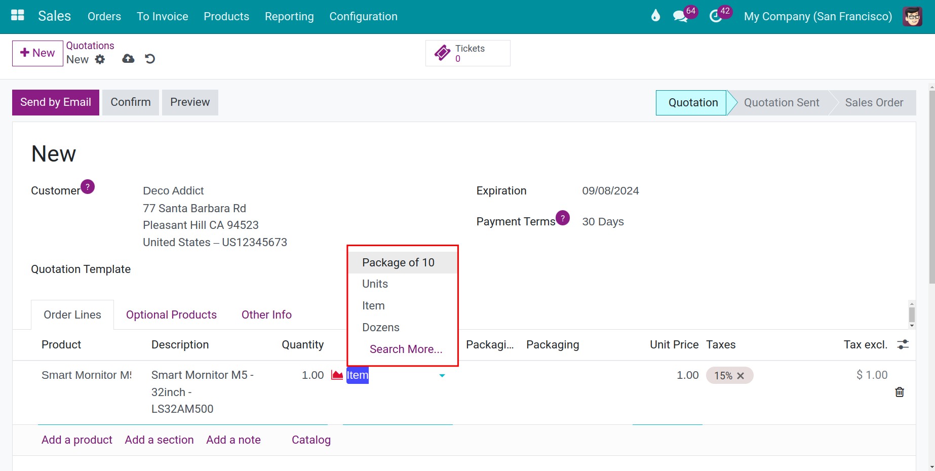 Choose a unit of measure on a sales order in Viindoo Inventory software management.