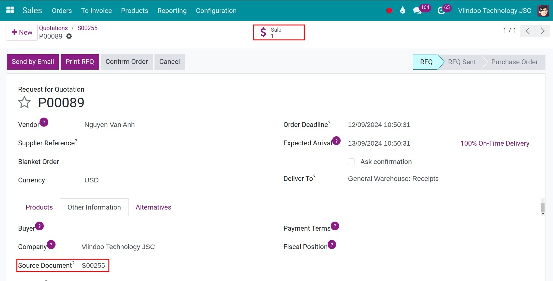 purchase order linked to the sales order in Viindoo