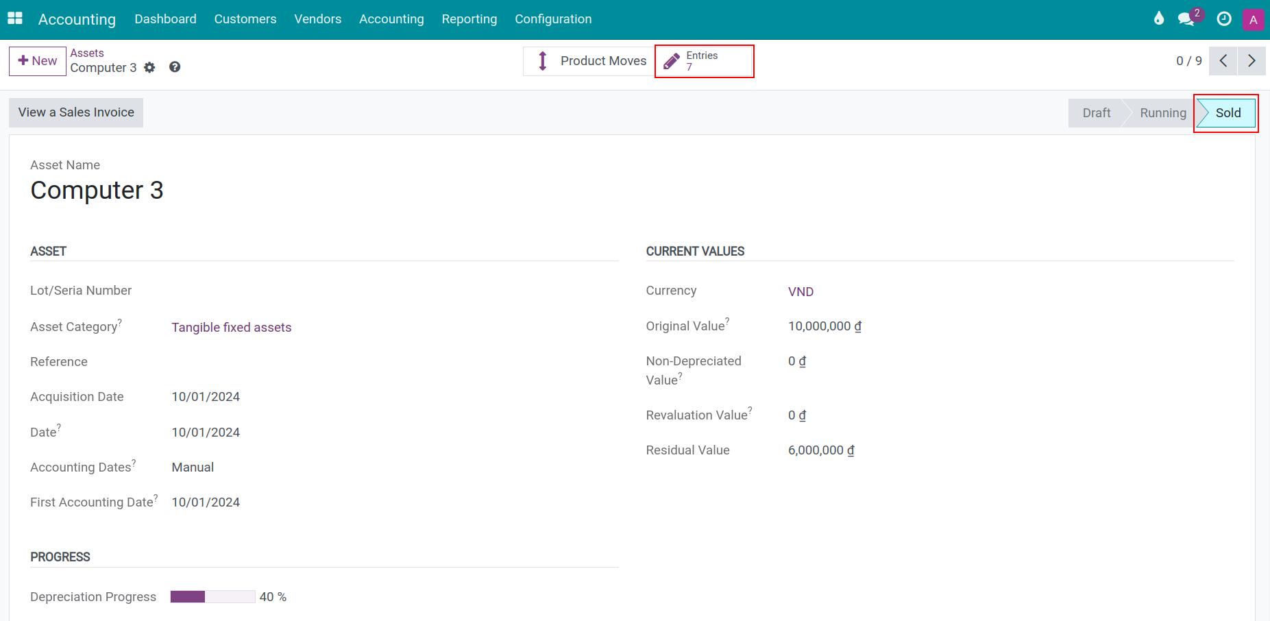 Asset stopped depreciating liquidation view - Viindoo accounting app
