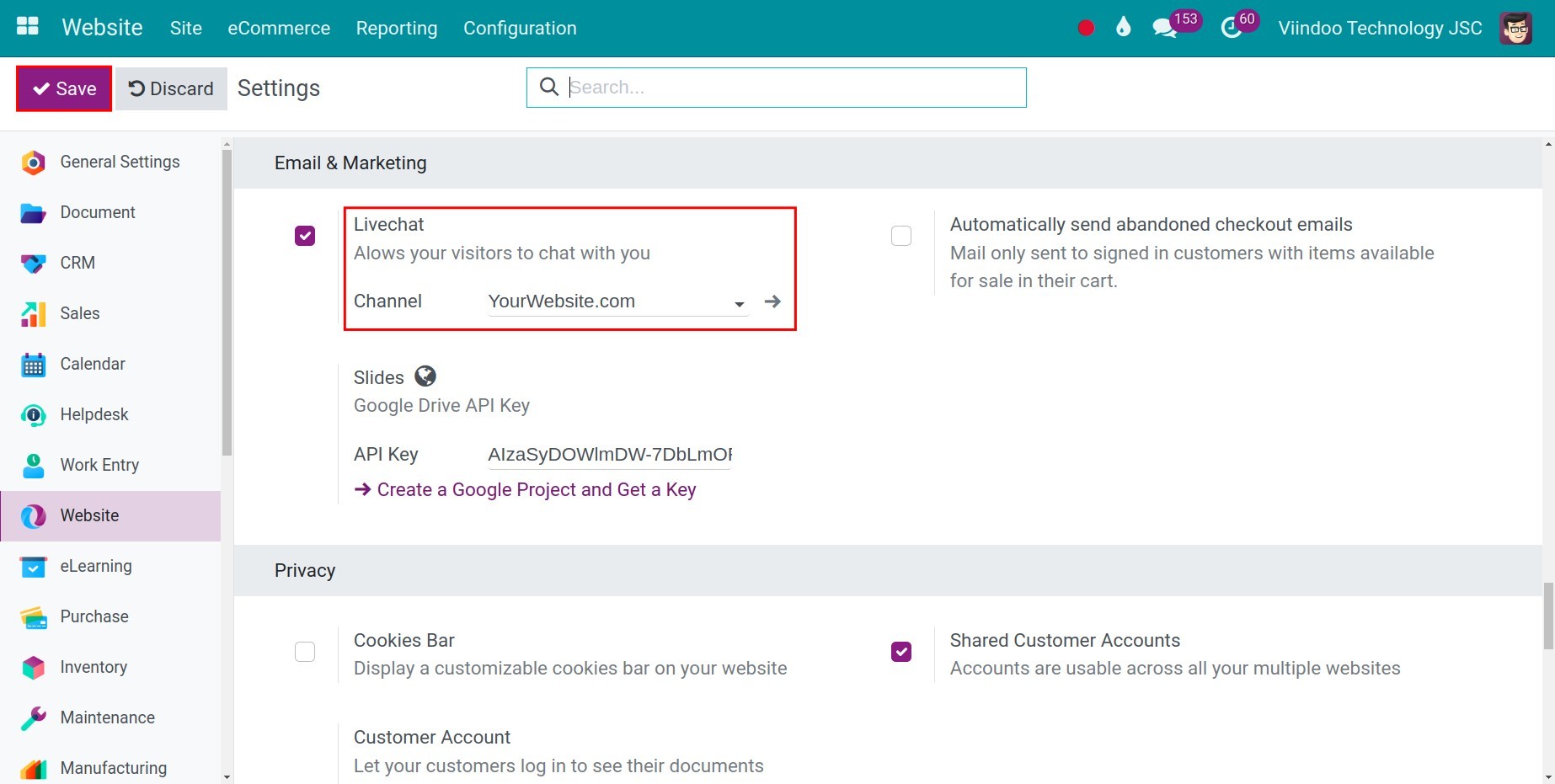 Live chat channel link up to the website