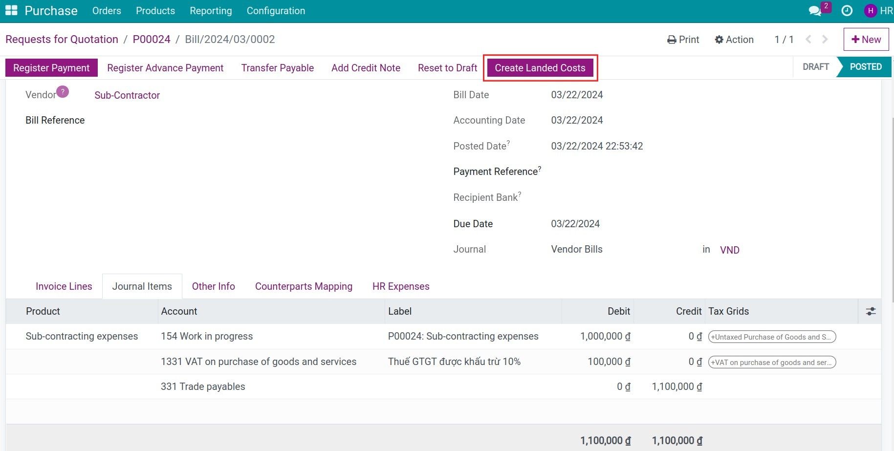 Create landed costs