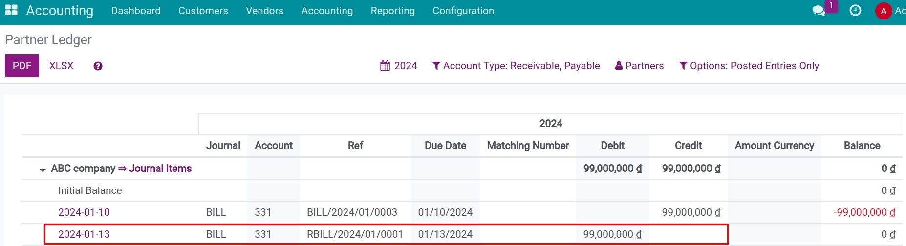 Partner Ledger 331 - Viindoo Accounting