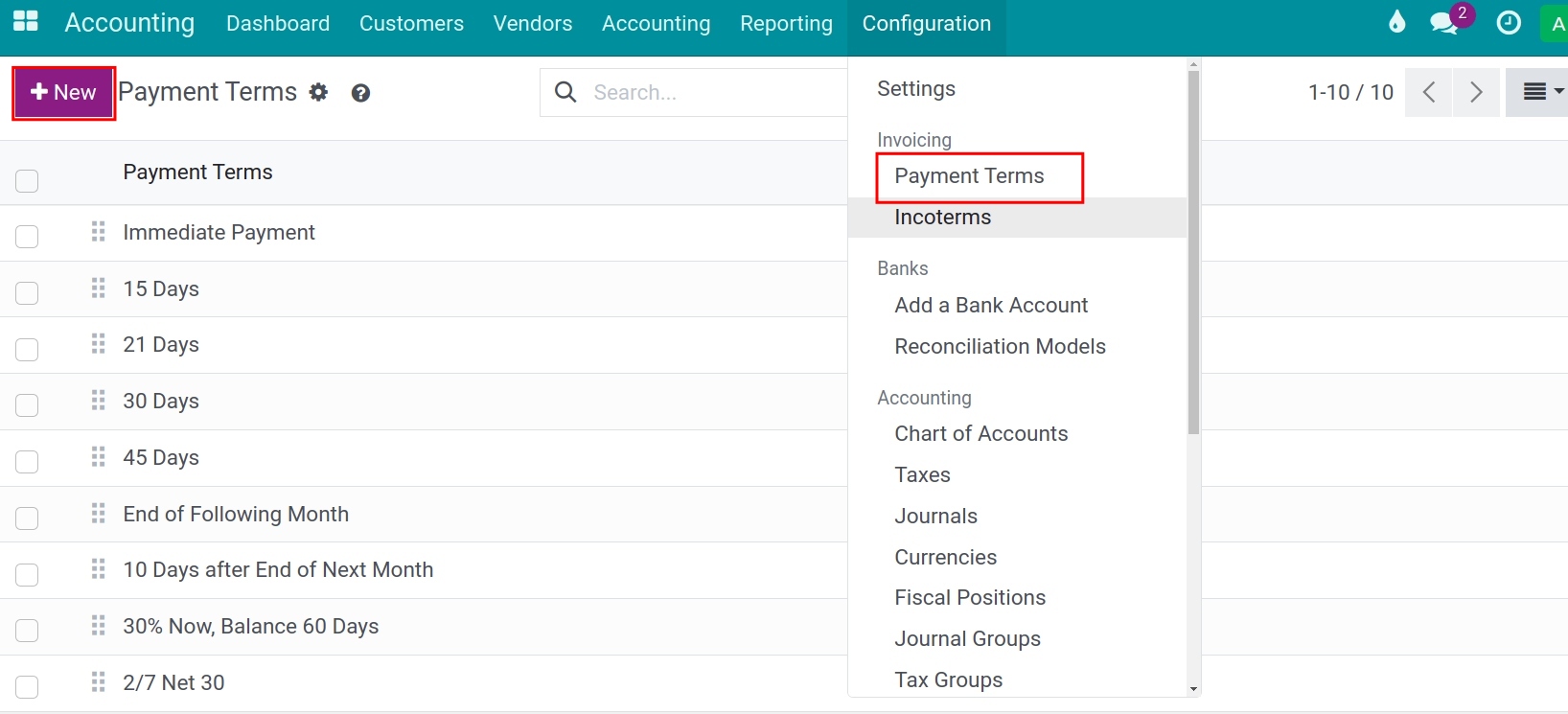 Create payment terms - Viindoo accouting software