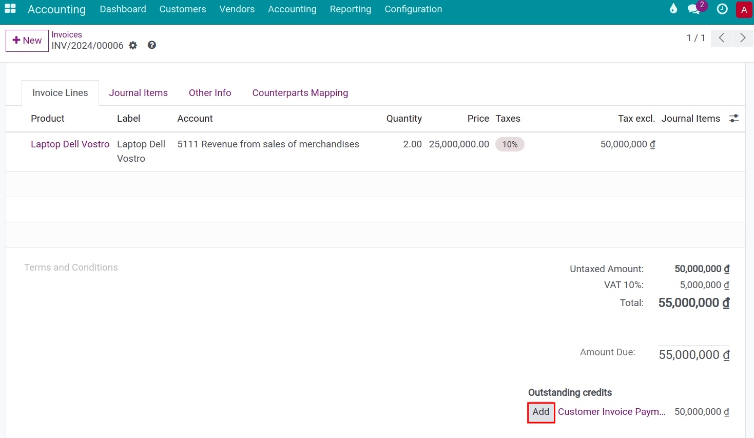 Link outstanding payment on an invoice - Viindoo Accounting software