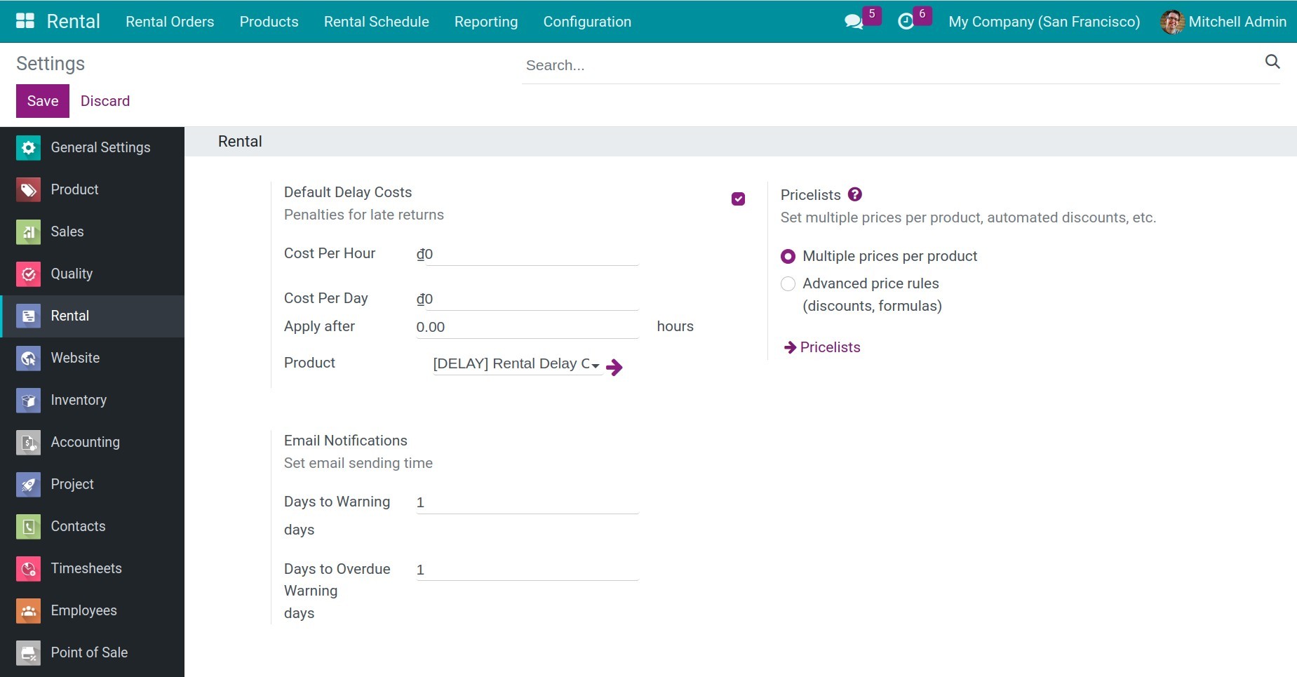 General settings for the Rental app
