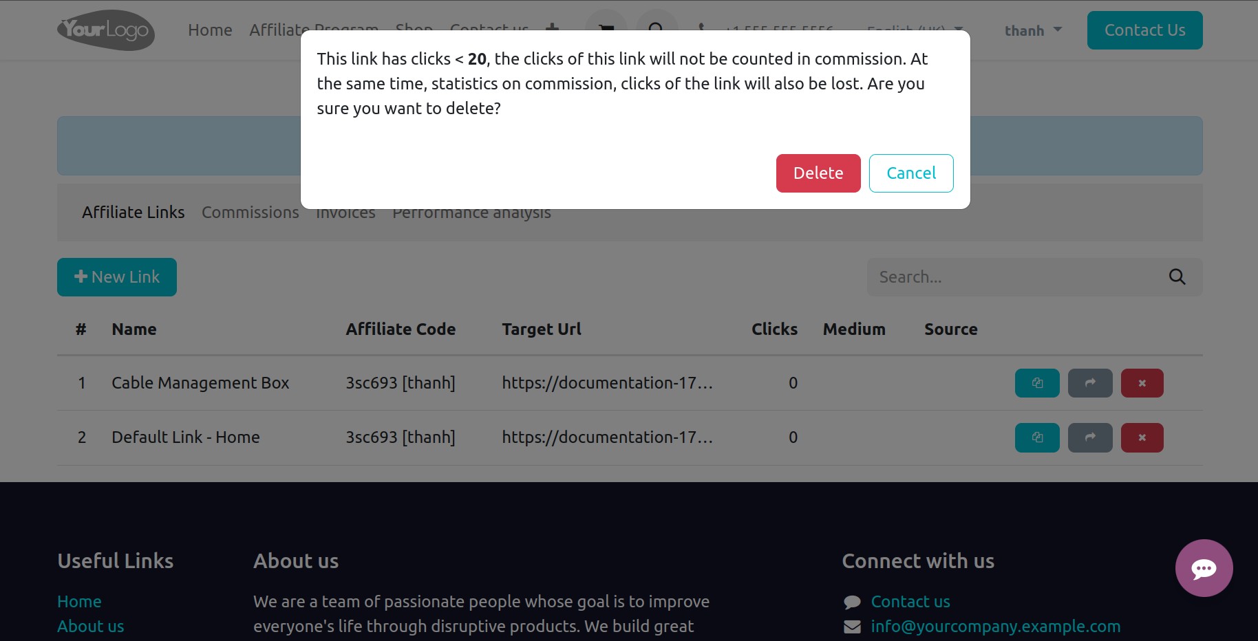 Notice when deleting affiliate link