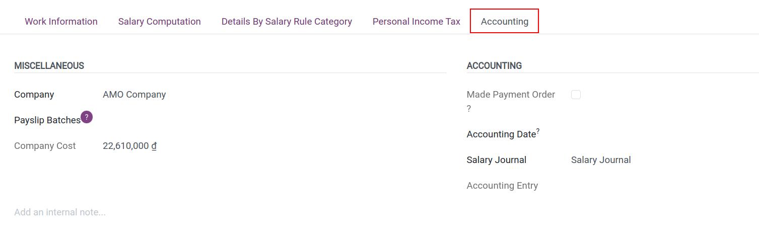 Accounting information tab in Viindoo payslip