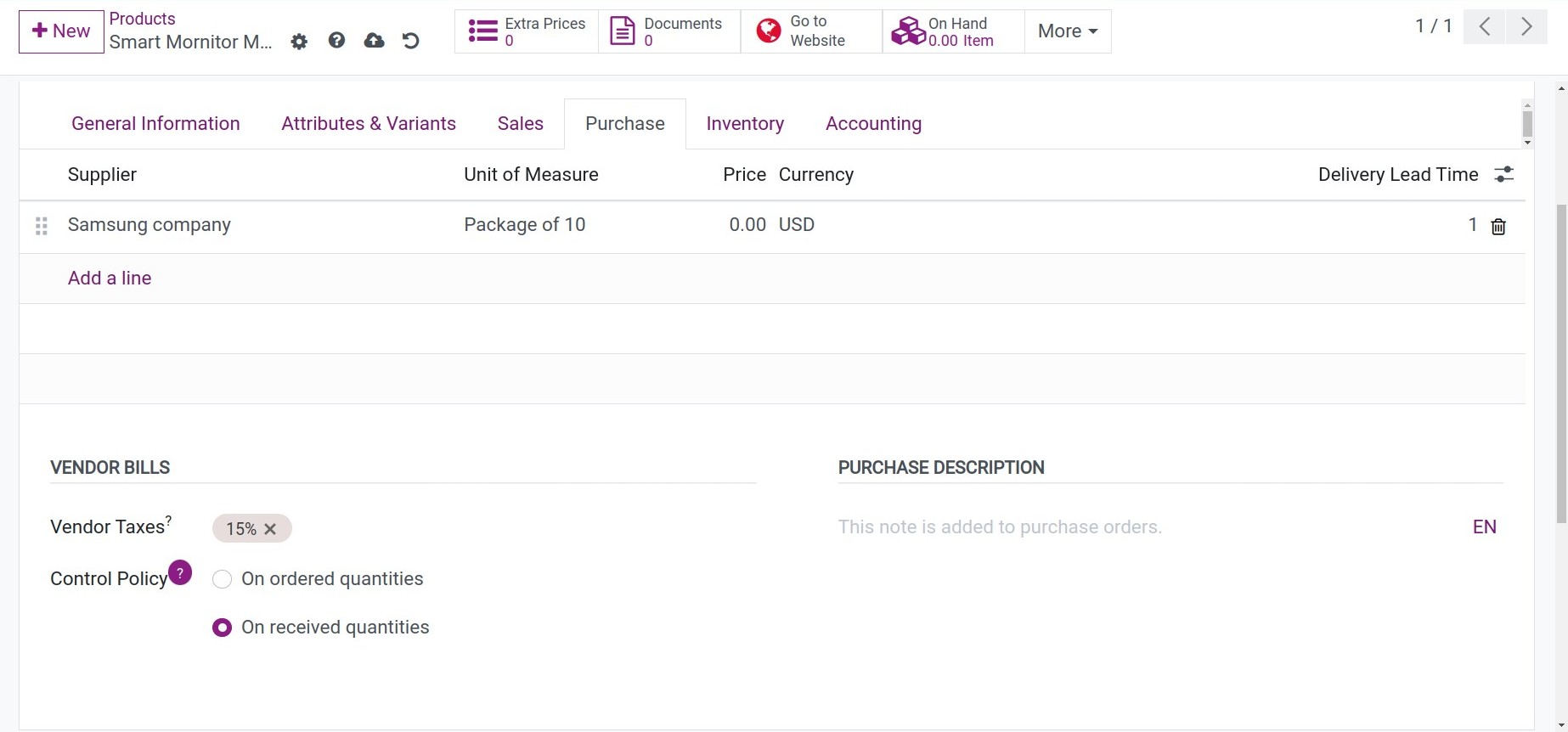 Purchase information of products in Viindoo