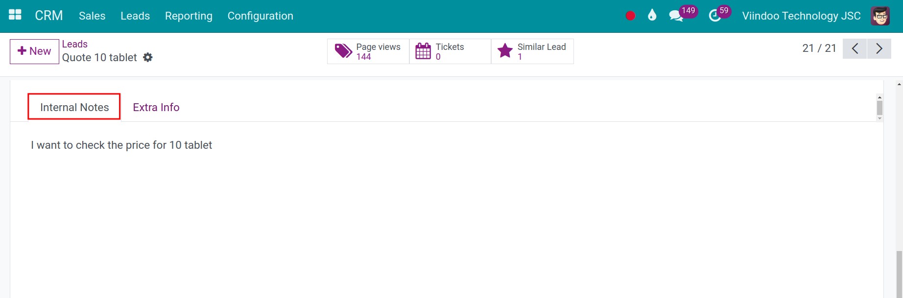 Internal Notes tab