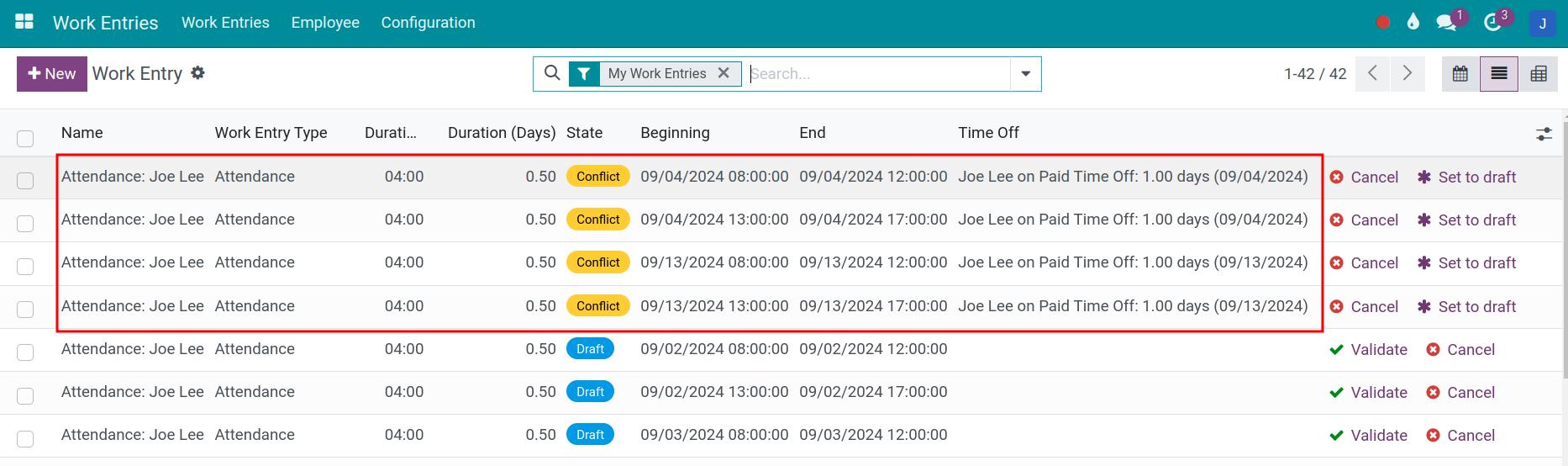 Time off work entries