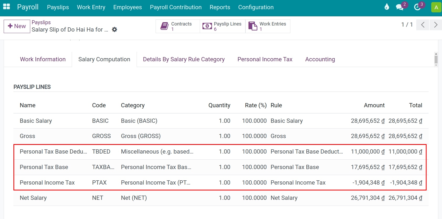 Modify the personal tax policy for the employee's contract