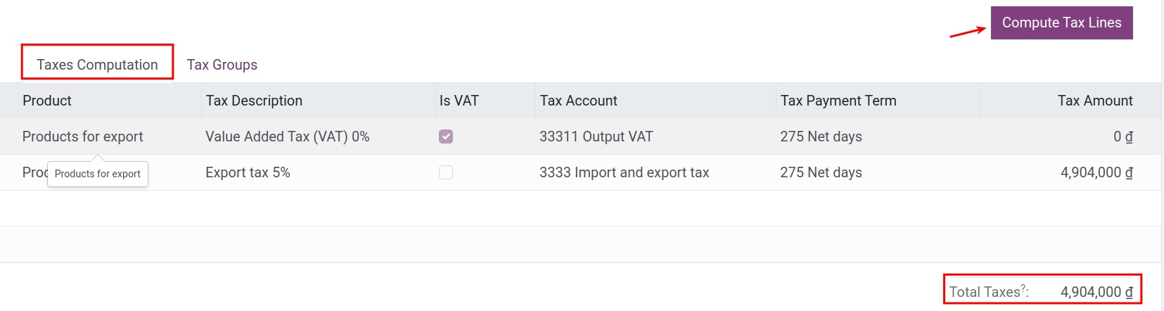 Taxes computation Export Foreign Trade Viindoo