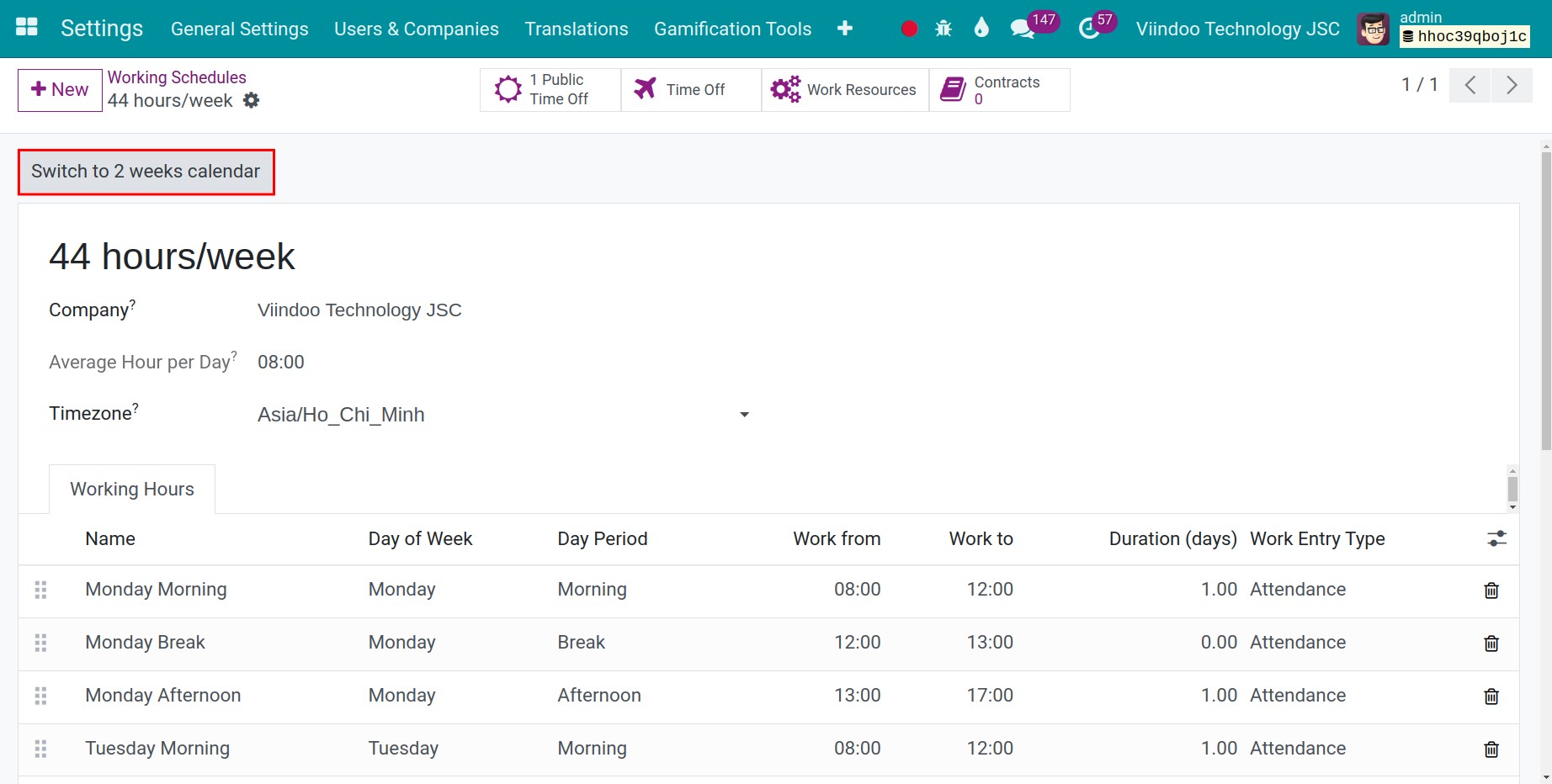 Switch to 2 weeks calendar button