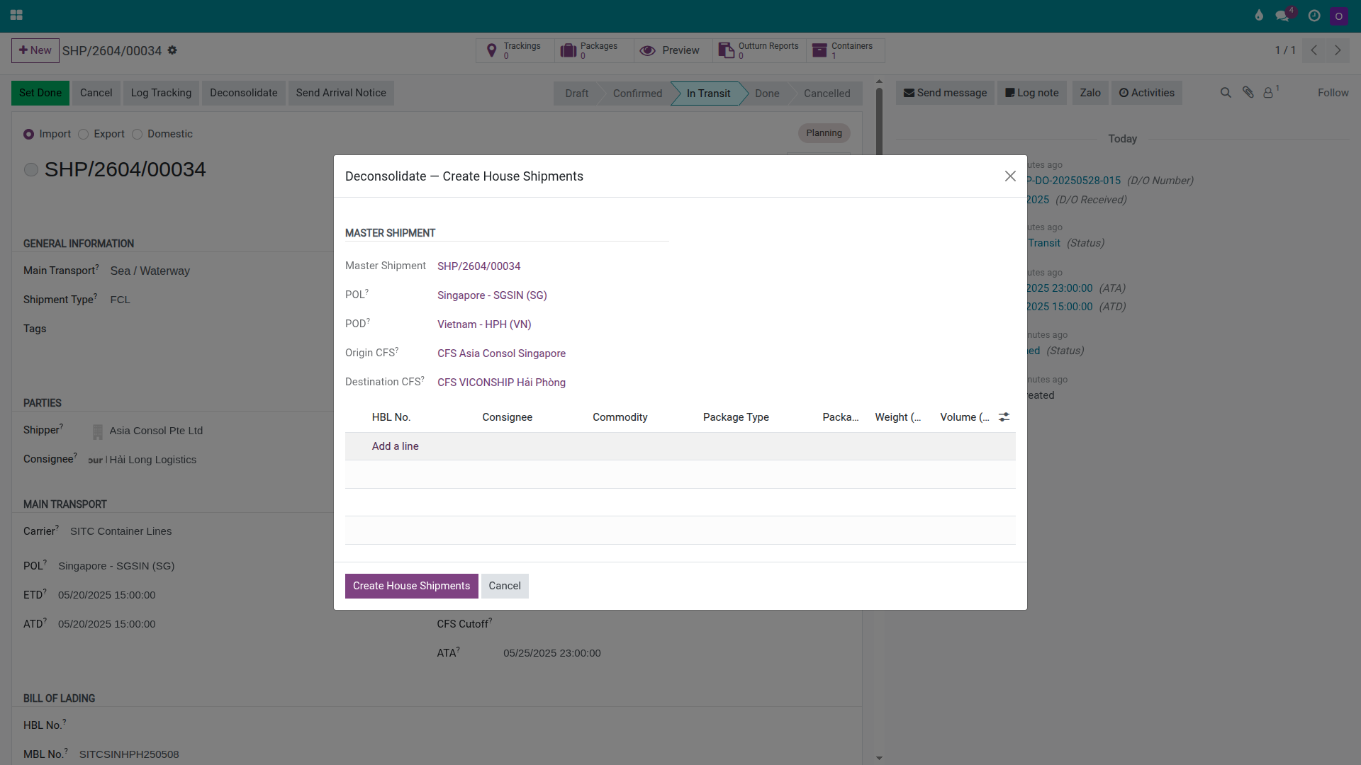 Deconsolidate wizard creating 3 house shipments for DEF, GHI, and JKL from the origin manifest.