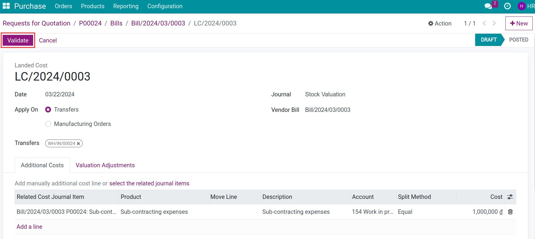 Validate the landed costs