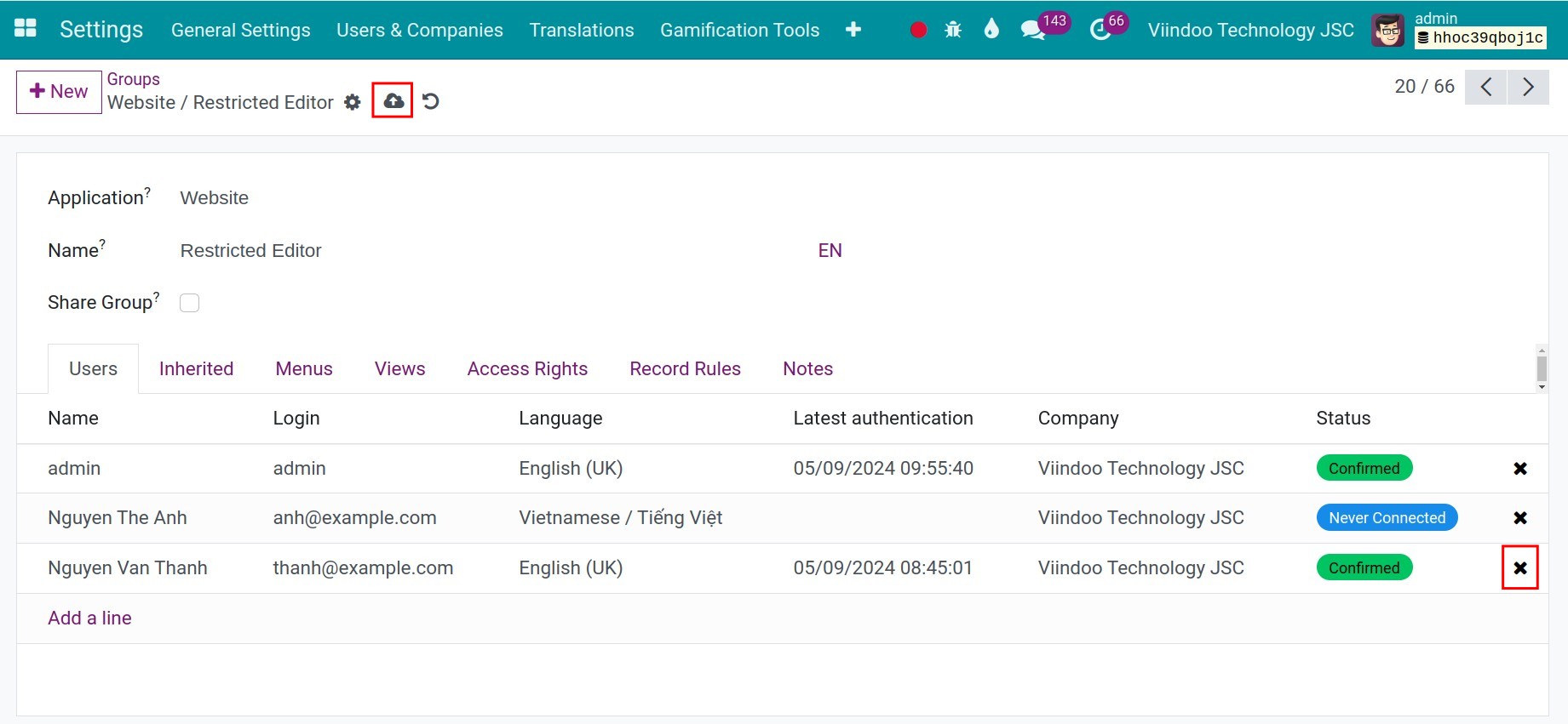 Delete and save the user in Viindoo access right group