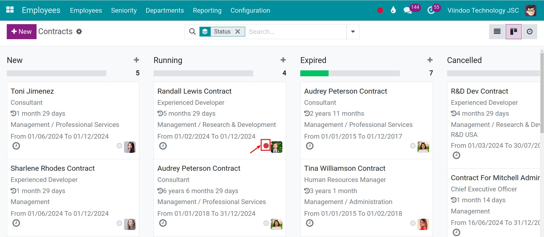 Alert for contract about to expire in Viindoo HR management software