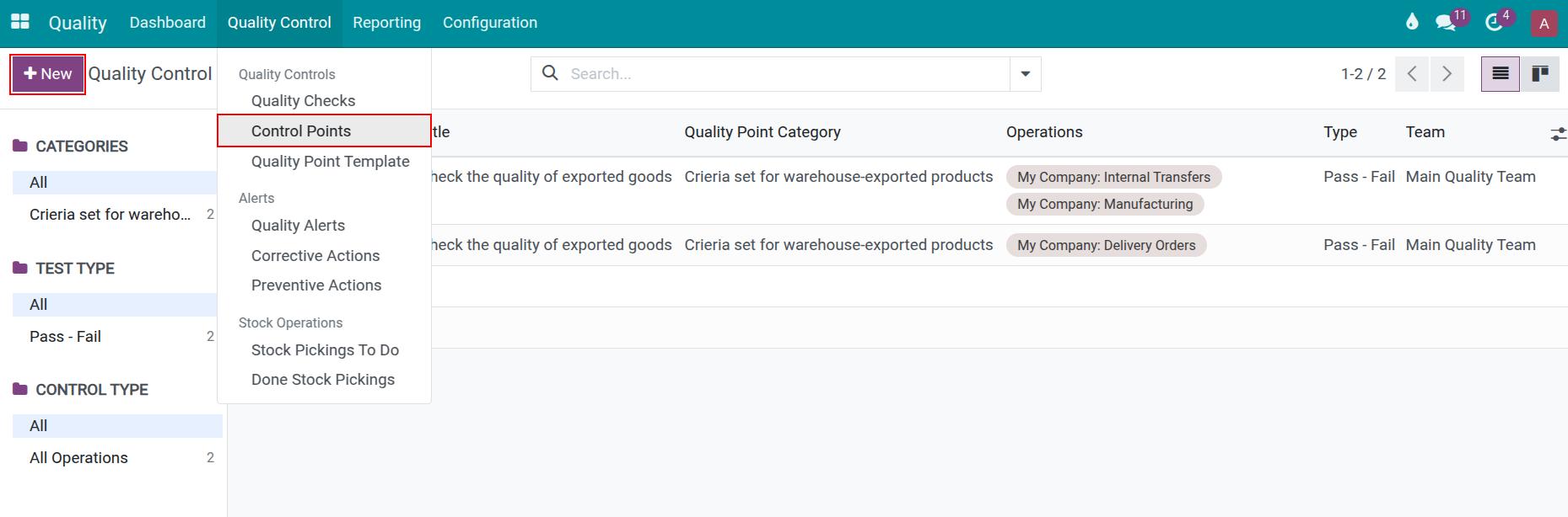 Create a new Control Points Quality Viindoo