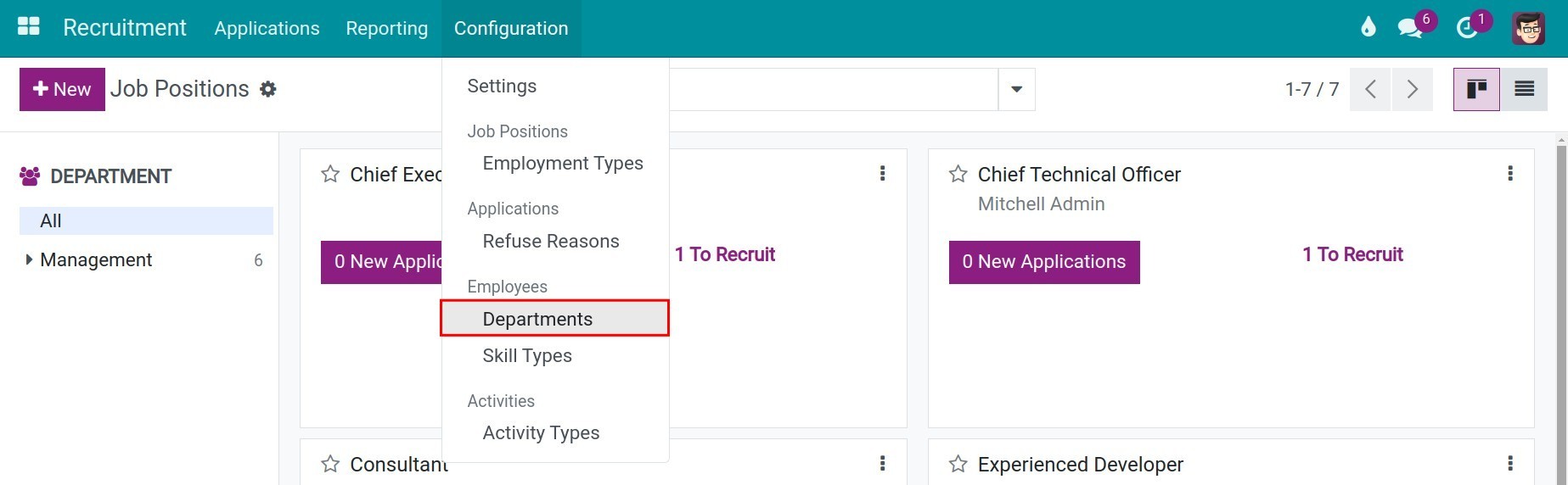 Create a department from recruitment