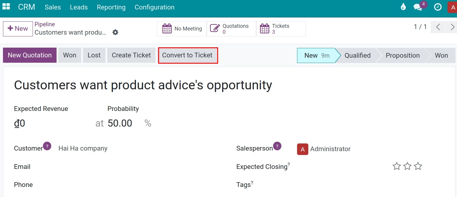 Convert lead into ticket Viindoo
