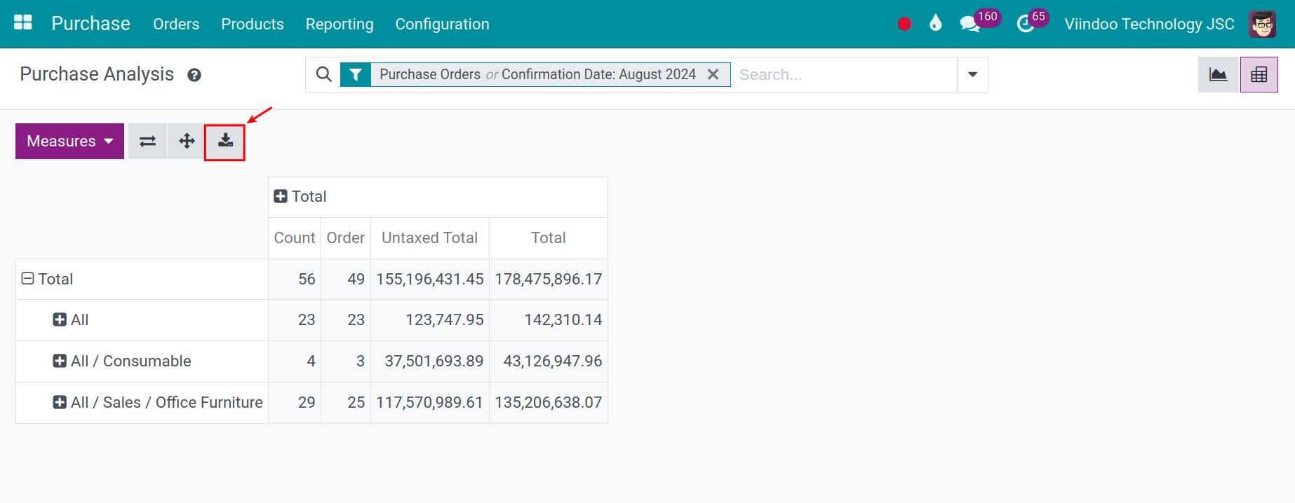 Exporting Viindoo pivot purchase report to excel file