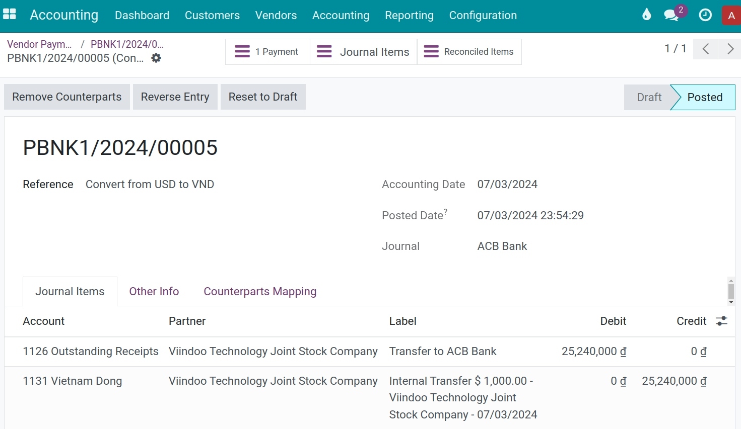 Receiving money journal entry