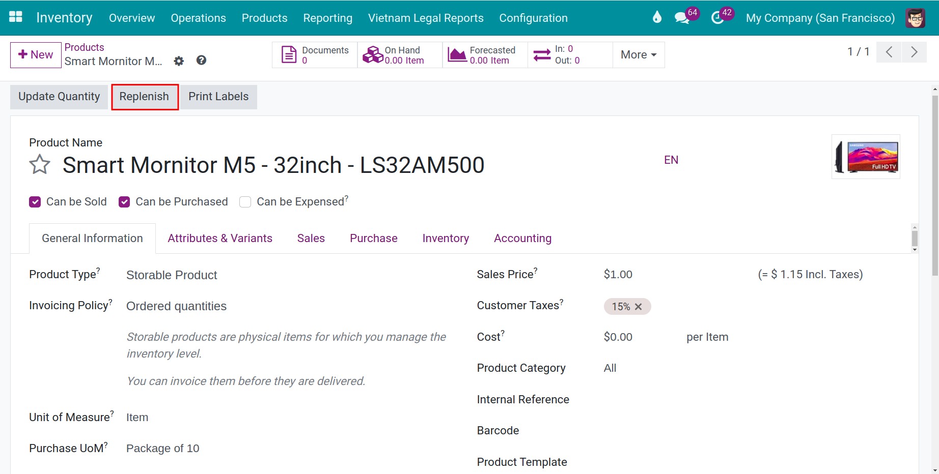 Choose a unit of measure for manual replenishment on product form in Viindoo Inventory software management