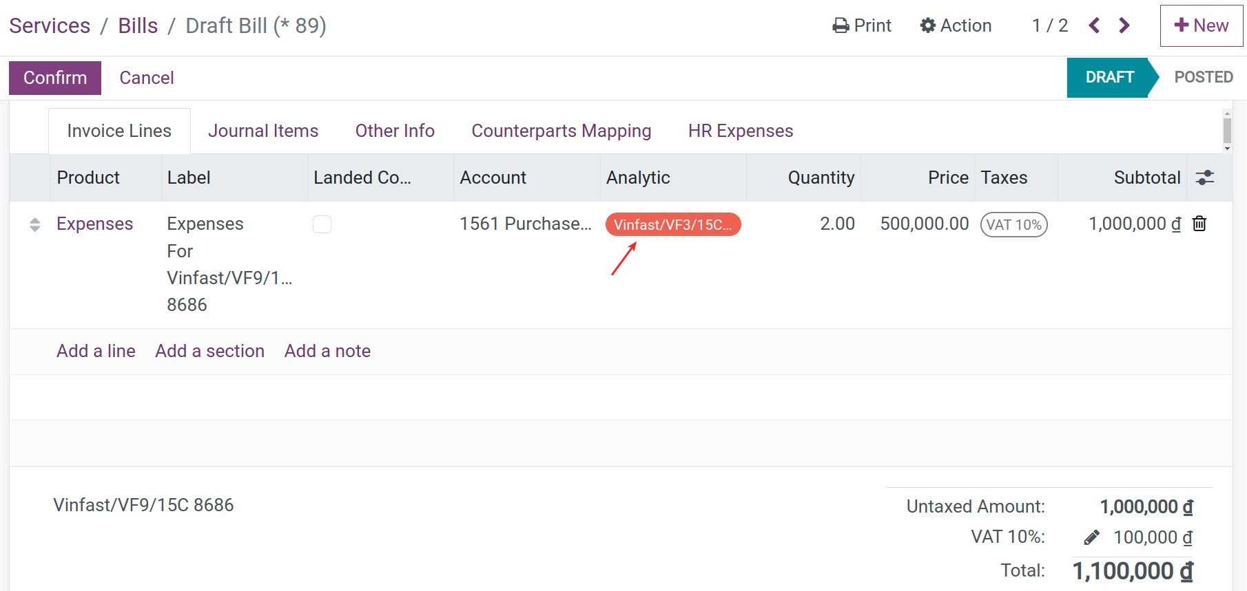 Create vendor bill to record vendor debts