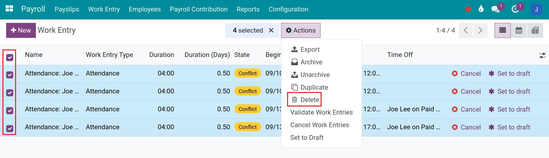 Delete work entries
