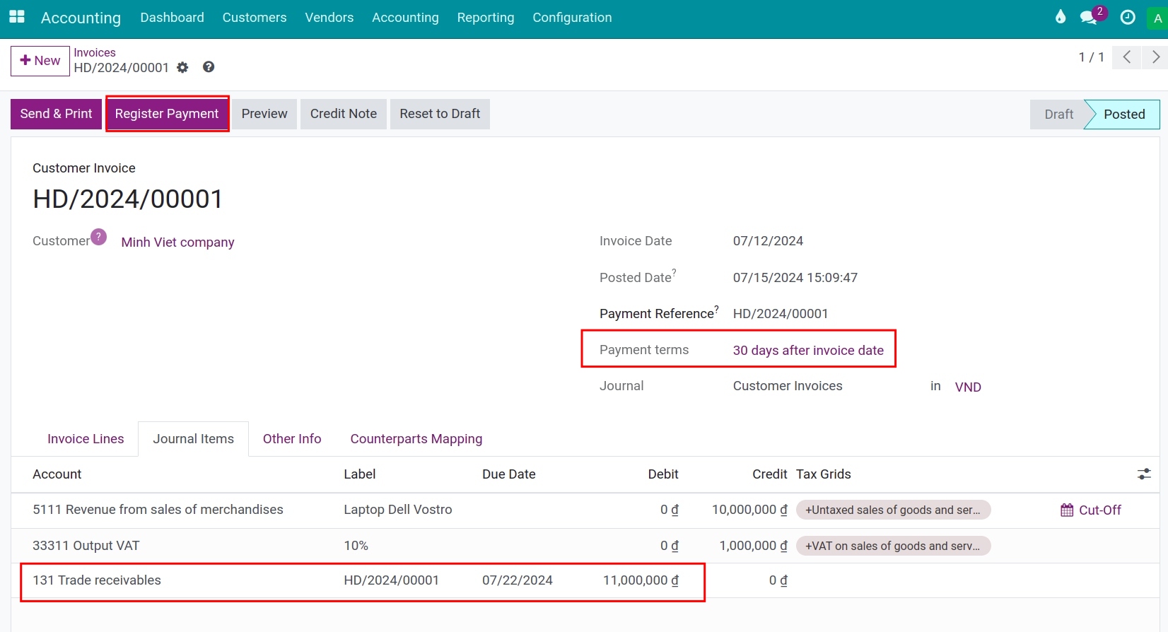 Register payment - Viindoo accounting software